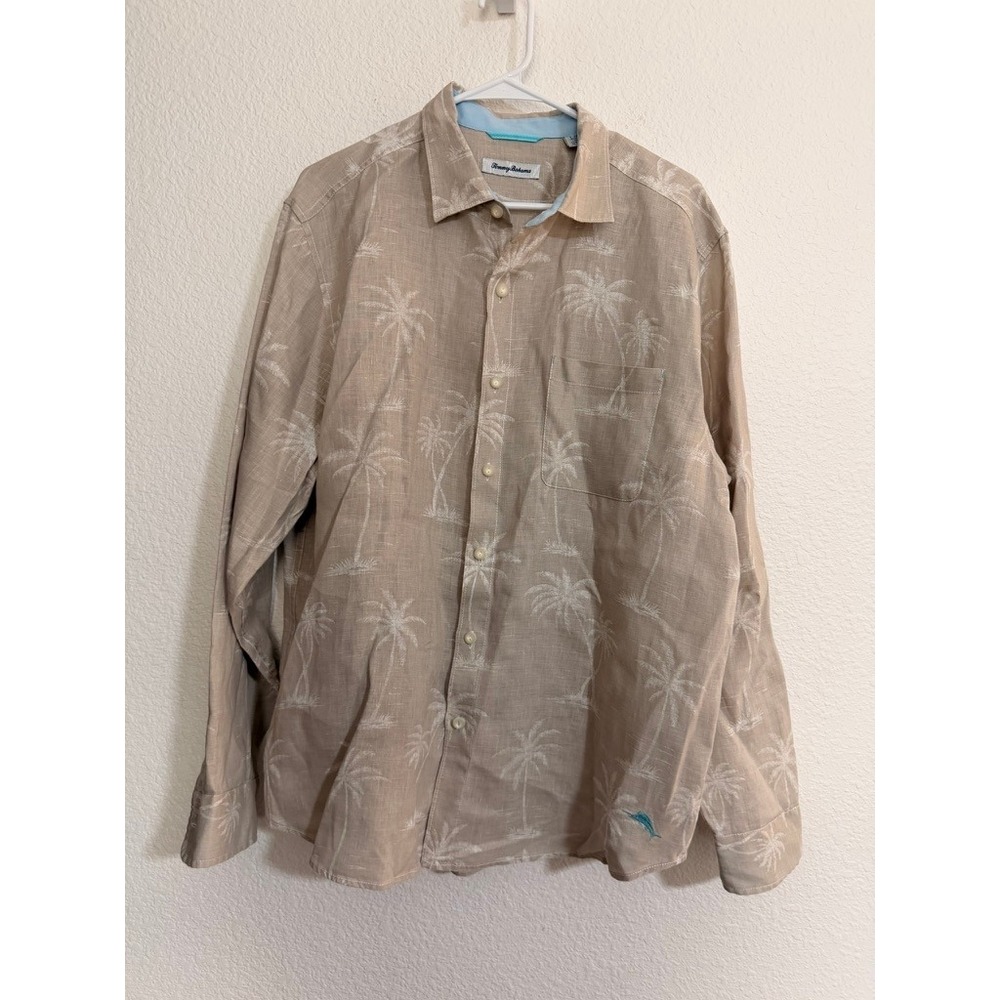 Tommy Bahama Mens Large 100% Linen Palm Tree Print Long Sleeve Button Down Shirt